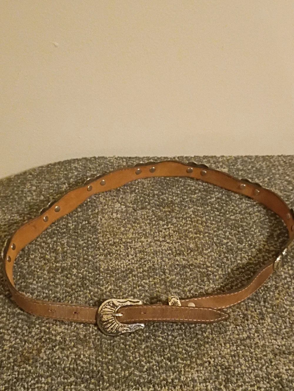 Women’s Brown Leather Belt with Decorative Silver Buckle Size 34